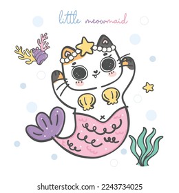 adorable sirena de arco iris gatito calico gato doodle de dibujos animados, vector de dibujo de mano animal, pequeña sirena, adorable dibujo de línea de mascotas