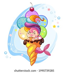 Cute kawaii mermaid character in ice cream cone. Vector cartoon isolated illustration. Stock illustration. For t-shirt composition, print and design, poster, card, sticker,decor and apparel