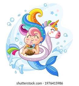 Cute kawaii mermaid character in inflatable circle in shape of unicorn. Vector cartoon isolated illustration. Stock illustration. For t-shirt and apparel, print and design, poster, card, sticker,decor