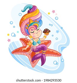 Cute kawaii mermaid character with rainbow hair sitting on a starfish. Vector cartoon isolated illustration. Stock illustration. For t-shirt and apparel, print and design, poster, card, sticker,decor