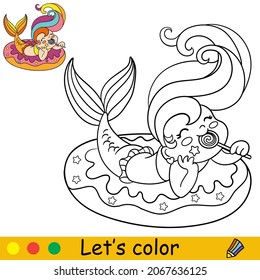 Cute kawaii mermaid in inflatable circle eats a lollypop. Coloring page and colorful template for kids education. Vector illustration. For design, t shirt print, icon, patch or sticker.