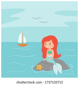 Cute kawaii mermaid is sitting on the rock and look on ship. Vector illustration for children book or greeting cards. Cartoon character.
