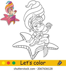 Cute kawaii mermaid sitting on a starfish and eats cupcake. Coloring page and colorful template for kids education. Vector illustration. For design, t shirt print, icon, logo, patch or sticker.