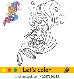 Cute kawaii mermaid sitting in a seashell and eating sushi. Coloring page and colorful template for kids education. Vector illustration. For design, t shirt print, icon, patch or sticker.