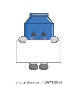 cute kawaii milk box characters standing behind a board