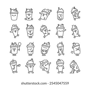 Cute kawaii milkshake cartoon characters in different playful and funny poses for joyful dessert themed illustrations and adorable summer designs