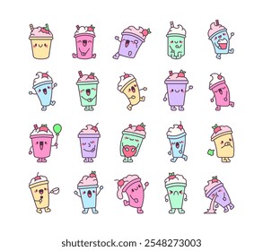 Cute kawaii milkshake cartoon characters in different playful and funny poses for joyful dessert themed illustrations and adorable summer designs