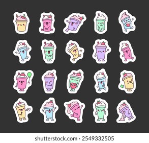 Cute kawaii milkshake cartoon characters in different playful and funny poses for joyful dessert themed illustrations and adorable summer designs