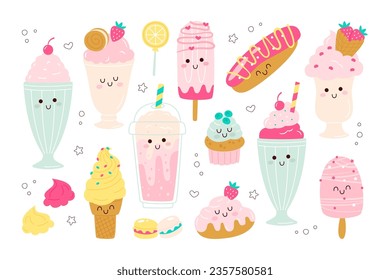 Cute kawaii milkshake cold refreshing dessert drink character vector illustration set. Funny doodle sweet food, ice-cream, candy, biscuits and beverage in glass cup isolated on white background