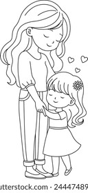 Cute kawaii Mom and daughter cartoon character coloring page vector illustration