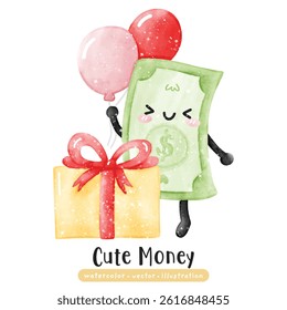 cute kawaii money dollar in watercolor finance vector illustration