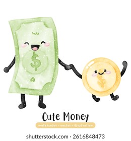 cute kawaii money dollar in watercolor finance vector illustration