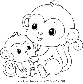 Cute kawaii monkey and baby cartoon character coloring page vector illustration. Wild animal, mothers day colouring page for kids