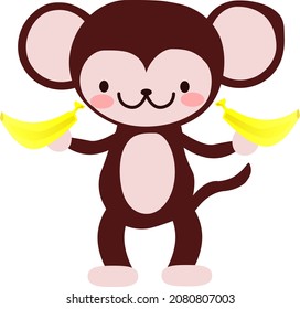 Cute kawaii monkey graphic flat design holding two bananas isolated on white background.