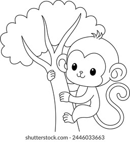 Cute kawaii monkey on the tree cartoon character coloring page vector illustration