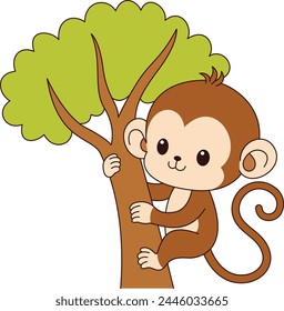 Cute kawaii monkey on the tree cartoon character vector illustration