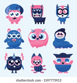 cute and kawaii monster cartoon design collection design for logo and print product - vector