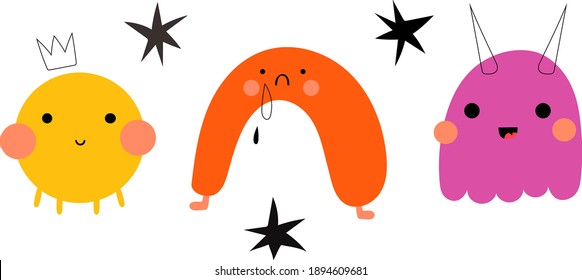 Cute kawaii monster collection with stars, teardrops. Yellow, orange and purple colored monsters isolated on white for childish decoration, wrap, halloween, birthday invitations.