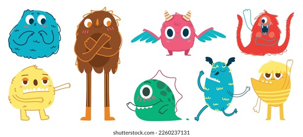 Juego de íconos del monstruo de Kawaii y Cute. Colección de monstruos de dibujos a mano adorables en diferentes personajes lúdicos. Divertido diablo, alienígena, demonio y criatura llano. Diseño para niños, cómic, educación.