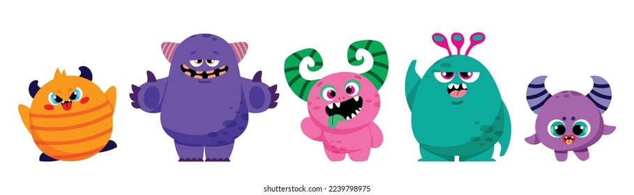 Cute and Kawaii monster kids icon set. Collection of cute cartoon monster in different playful characters. Funny devil, alien, demon and creature flat vector design for comic, education, presentation.