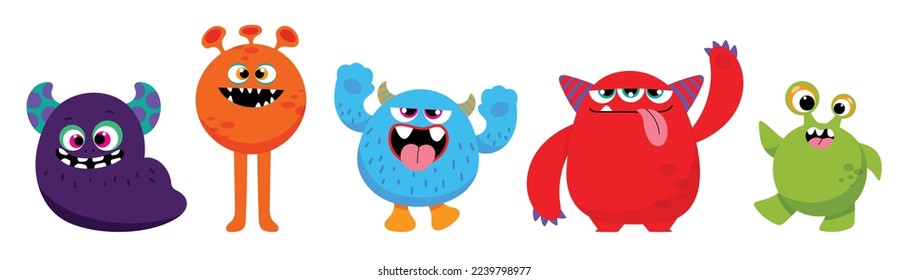 Cute and Kawaii monster kids icon set. Collection of cute cartoon monster in different playful characters. Funny devil, alien, demon and creature flat vector design for comic, education, presentation.