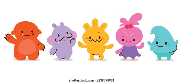 Cute and Kawaii monster kids icon set. Collection of cute cartoon monsters in different joyful characters. Funny devil, alien, demon and creature flat vector design for comic, education, presentation.