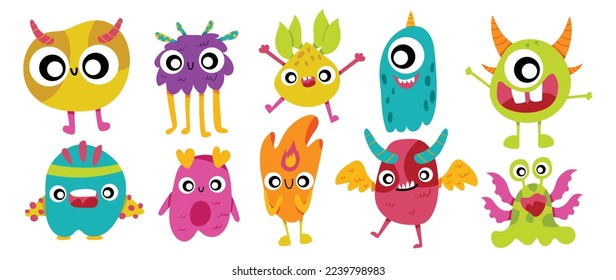 Cute and Kawaii monster kids icon set. Collection of cute cartoon monster in different playful characters. Funny devil, alien, demon and creature flat vector design for comic, education, presentation.