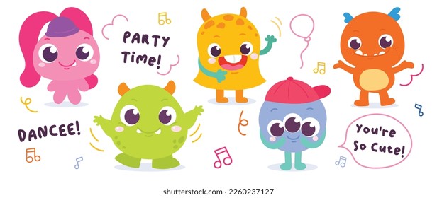 Cute and Kawaii monster kids icon set. Collection of cute cartoon monster in different playful characters. Funny devil, alien, demon and creature flat vector design for comic, education, presentation.