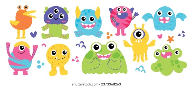 Cute and Kawaii monster kids icon set. Collection of cute cartoon monster in different playful characters. Funny devil, alien, demon and creature flat vector design for comic, education, presentation.