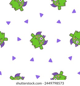 Cute kawaii monster. Seamless pattern. Cartoon scary funny Halloween character. Hand drawn style. Vector drawing. Design ornaments.