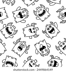 Cute kawaii monster. Seamless pattern. Coloring Page. Cartoon scary funny Halloween character. Hand drawn style. Vector drawing. Design ornaments.