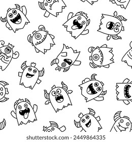 Cute kawaii monster. Seamless pattern. Coloring Page. Cartoon scary funny Halloween character. Hand drawn style. Vector drawing. Design ornaments.