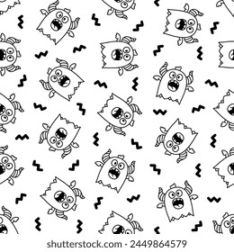 Cute kawaii monster. Seamless pattern. Coloring Page. Cartoon scary funny Halloween character. Hand drawn style. Vector drawing. Design ornaments.