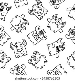 Cute kawaii monster. Seamless pattern. Coloring Page. Cartoon scary funny Halloween character. Hand drawn style. Vector drawing. Design ornaments.