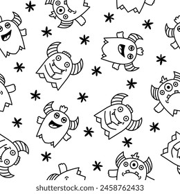 Cute kawaii monster. Seamless pattern. Coloring Page. Cartoon scary funny Halloween character. Hand drawn style. Vector drawing. Design ornaments.