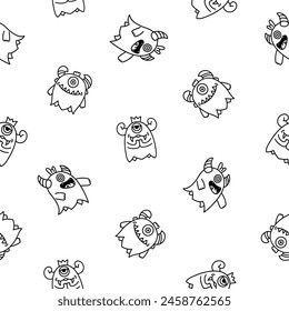 Cute kawaii monster. Seamless pattern. Coloring Page. Cartoon scary funny Halloween character. Hand drawn style. Vector drawing. Design ornaments.