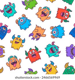 Cute kawaii monster. Seamless pattern. Cartoon scary funny Halloween character. Hand drawn style. Vector drawing. Design ornaments.