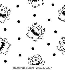 Cute kawaii monster. Seamless pattern. Coloring Page. Cartoon scary funny Halloween character. Hand drawn style. Vector drawing. Design ornaments.