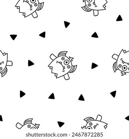 Lindo monstruo kawaii. Patrón sin costuras. Página para colorear. Caricatura de miedo divertido personaje de Halloween. Estilo dibujado a mano. Dibujo de Vector. Diseñar adornos.