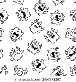 Cute kawaii monster. Seamless pattern. Coloring Page. Cartoon scary funny Halloween character. Hand drawn style. Vector drawing. Design ornaments.