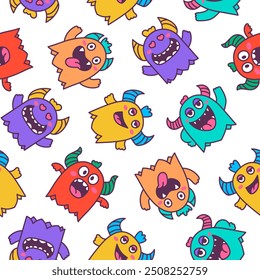Cute kawaii monster. Seamless pattern. Cartoon scary funny Halloween character. Hand drawn style. Vector drawing. Design ornaments.