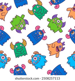 Cute kawaii monster. Seamless pattern. Cartoon scary funny Halloween character. Hand drawn style. Vector drawing. Design ornaments.