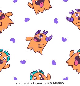 Cute kawaii monster. Seamless pattern. Cartoon scary funny Halloween character. Hand drawn style. Vector drawing. Design ornaments.