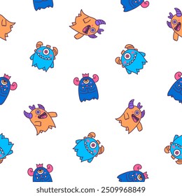 Cute kawaii monster. Seamless pattern. Cartoon scary funny Halloween character. Hand drawn style. Vector drawing. Design ornaments.