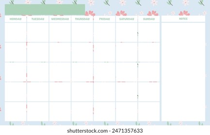 Cute kawaii monthly planner with blue floral background