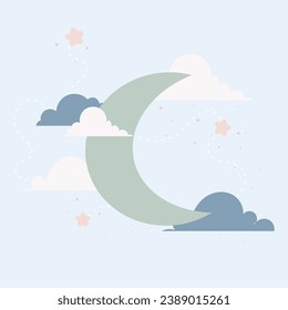 Cute kawaii moon and clouds background
