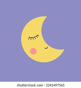 Cute Kawaii Moon Icon Sticker. Moon vector illustration flat design.