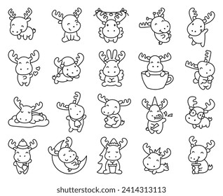 Cute kawaii moose character. Coloring Page. Cartoon funny wild animal. Hand drawn style. Vector drawing. Collection of design elements.