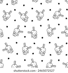 Cute kawaii moose character. Seamless pattern. Coloring Page. Cartoon funny wild animal. Hand drawn style. Vector drawing. Design ornaments.