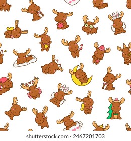 Cute kawaii moose character. Seamless pattern. Cartoon funny wild animal. Hand drawn style. Vector drawing. Design ornaments.